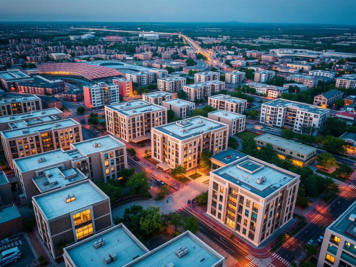 Mixed-use development at dusk