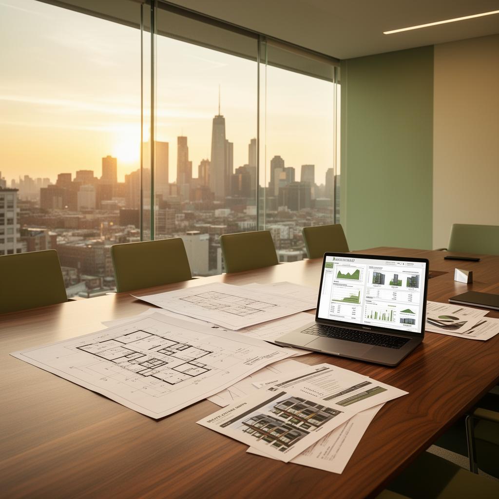 Investment strategy conference room overlooking city skyline